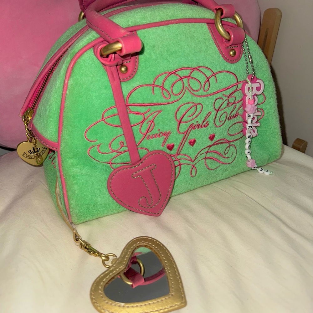 Juicy couture pink and green juicy girls club terry bowler bag